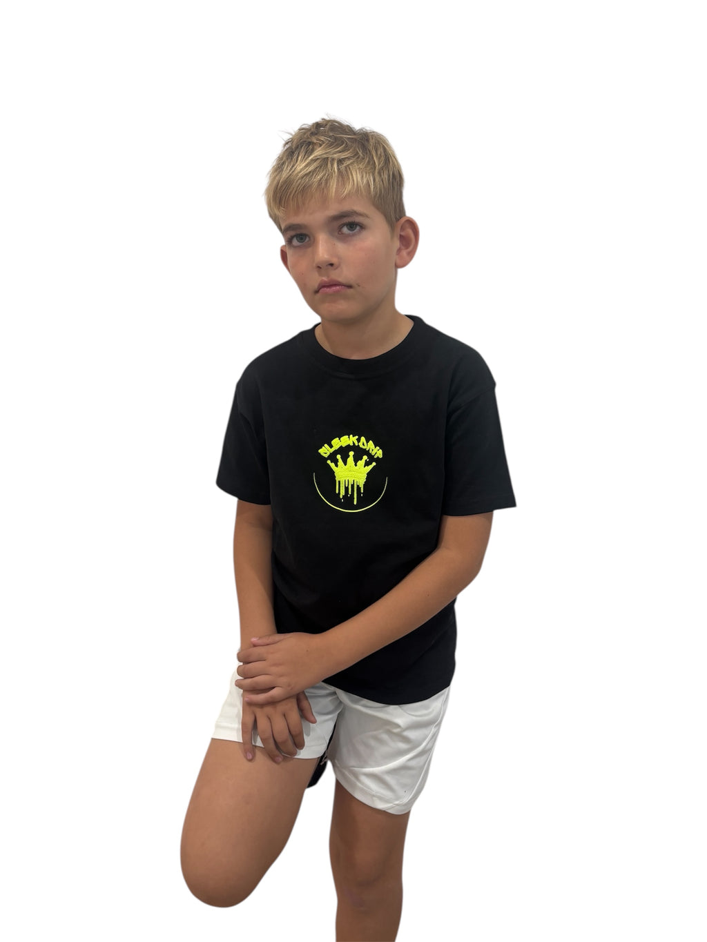 Sleek Drip Crown Tee—black & yellow puff men