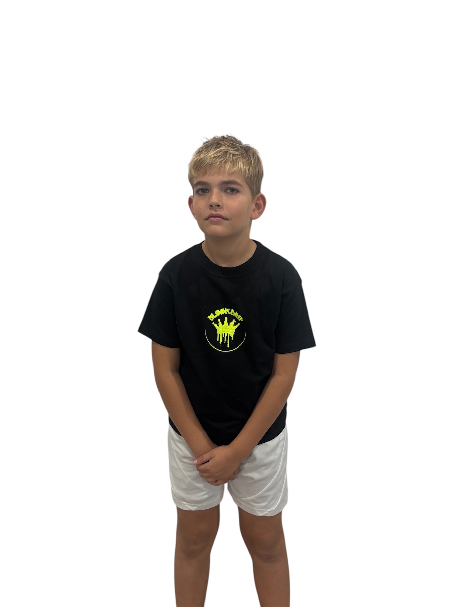 Sleek Drip Crown Tee—black & yellow puff kids