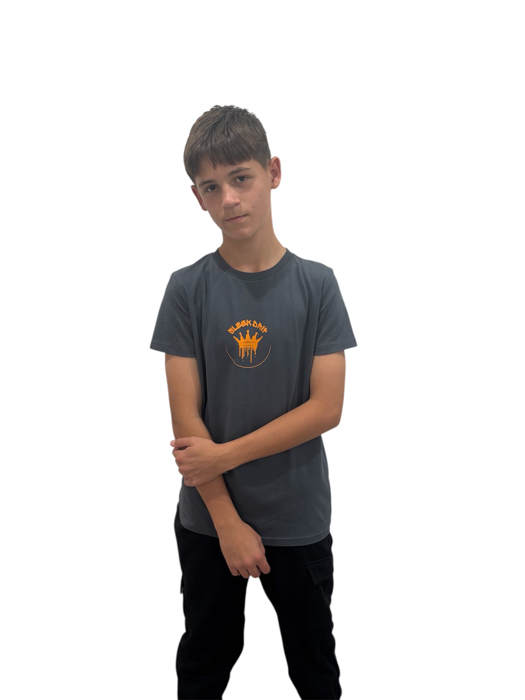 Sleek Drip Crown Tee—sleekgrey & orange kids