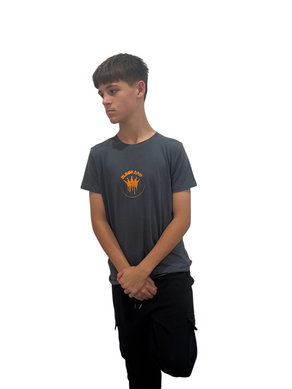 Sleek Drip Crown Tee—sleekgrey & orange kids